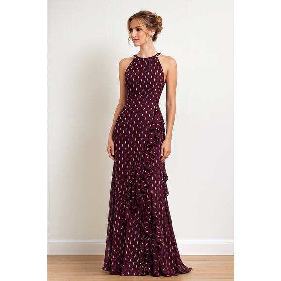 Betsy & Adam Burgundy Chiffon Foil Gown - Size 16 - Picture 1 of 16